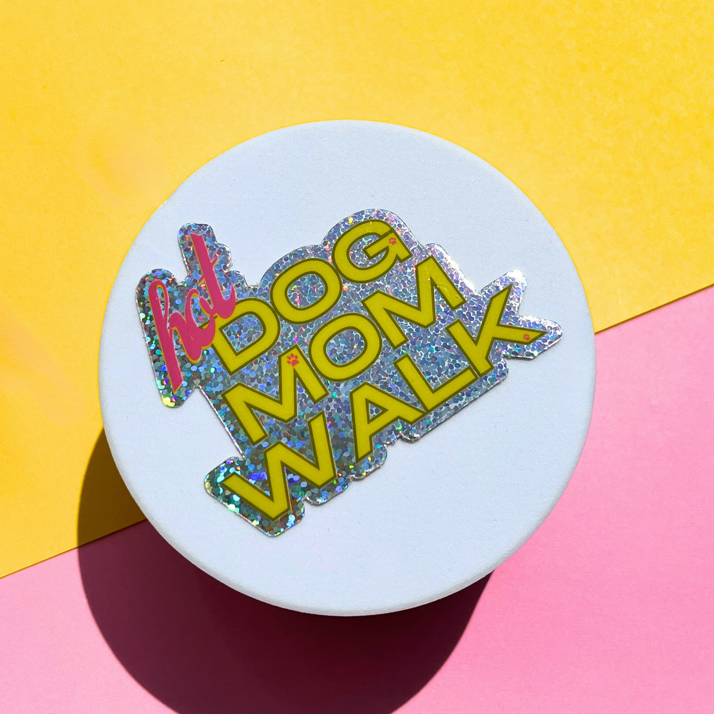 Hot Dog Mom Walk Glitter Vinyl Sticker
