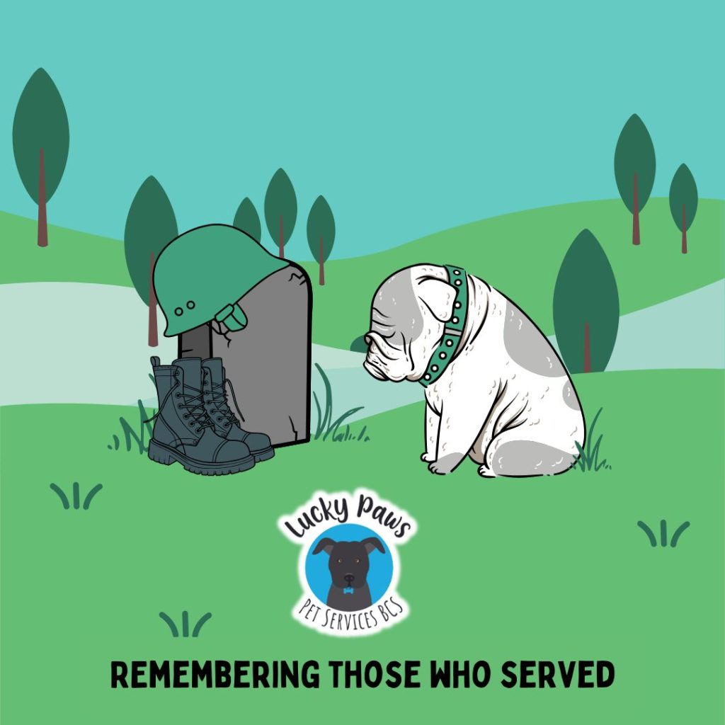 Memorial Day tribute with dog and military gear in a cartoon style.