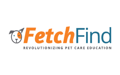 FetchFind logo with pet paw and gear icon, revolutionizing pet care education.