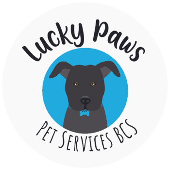 Lucky Paws Pet Services BCS logo with a black dog and blue background.