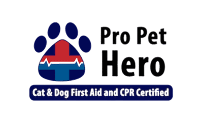 Pro Pet Hero logo with a paw print and heart, emphasizing pet first aid certification.