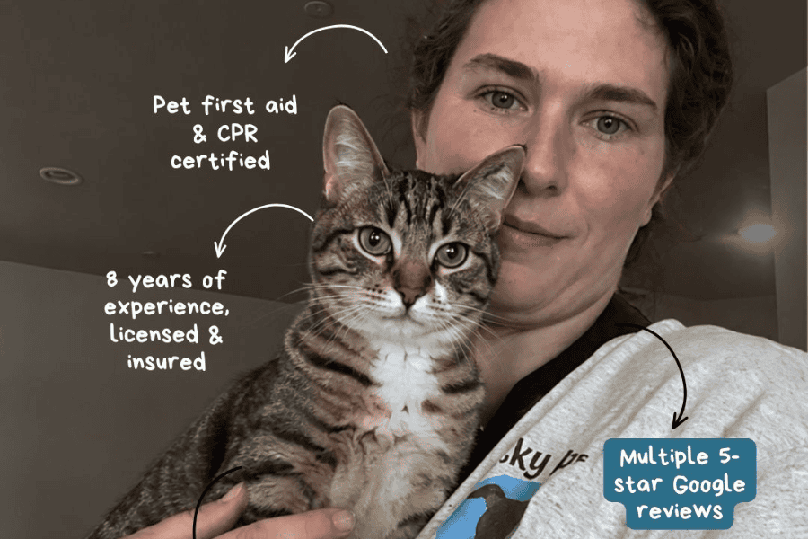 Pet owner holding a cat with pet first aid and review icons.